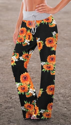 Image of AMiERY Women's Comfy Casual Pajama Pants Floral Print Drawstring Palazzo Lounge Pants Wide Leg