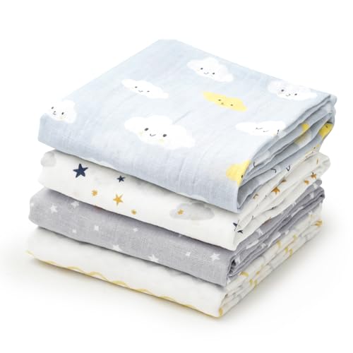 Image of david's kids 4 Pack Baby Muslin Swaddle Blankets, 100% Cotton and Ultra Soft Breathable Receiving Blanket Wrap for Boys Girls, New Born Essentials, Clouds