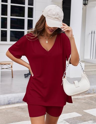Image of Ekouaer Womens Pajamas 2 Piece Lounge Sets Oversized V Neck T-Shirts Tops Biker Shorts Set Workout Reversible Tracksuit S-XXL