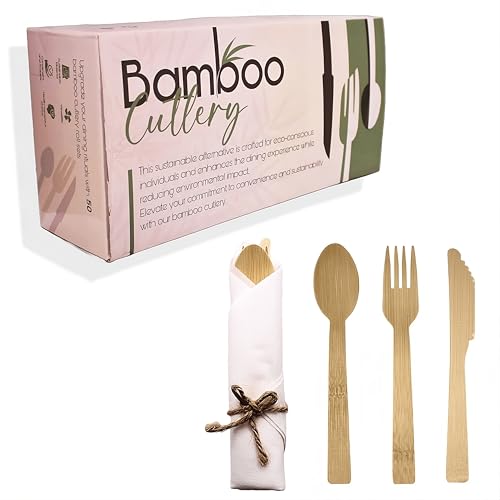 Premium Pre Rolled Bamboo Cutlery Set - 200 Pieces Natural Bamboo Cutlery - 50 Pack Compostable Utensils(50 Forks, 50 Knives, 50 Spoons, 50 Napkins), BIODEGRADABLE for Christmas, Gifting, Party