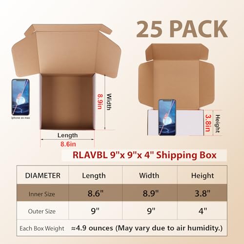 Image of RLAVBL 9x9x4 Inches Shipping Boxes Set of 25, White Small Corrugated Cardboard Box, Mailer Boxes for Packing Small Business