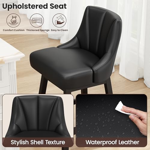 Silla de Bar REONEY Giratoria, Taburete de 26" con Asiento Tapizado de Cuero PU Impermeable, Diseño Moderno con Respaldo y Patas de Madera Maciza, para Cocina o Bar en Casa, Negro miniatura 3
