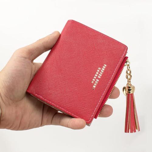 Image of KOTORA Womens Small Wallet Girls Tiny Slim Wallets Pretty Mini Card Holder Thin Short Zip Coin Purse with Love Pendant and Tassels (Red02)