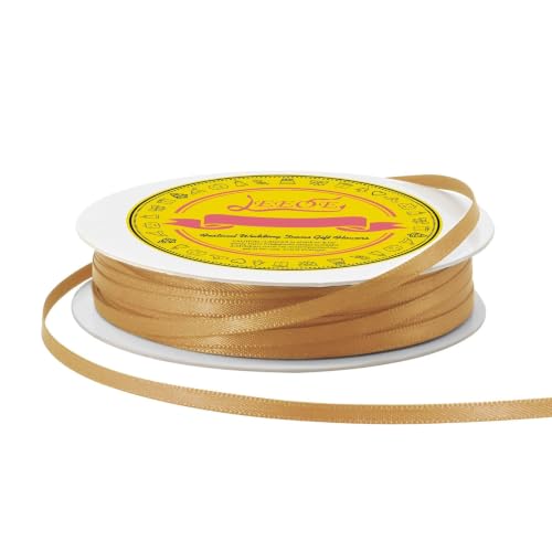 Image of Double Face Old Gold Satin Thin Ribbon 1 /8 inch X 50 Yards Polyester Old Gold Ribbon for Gift Wrapping Very Suitable for Weddings Party Hair Bow Invitation Decorations and More