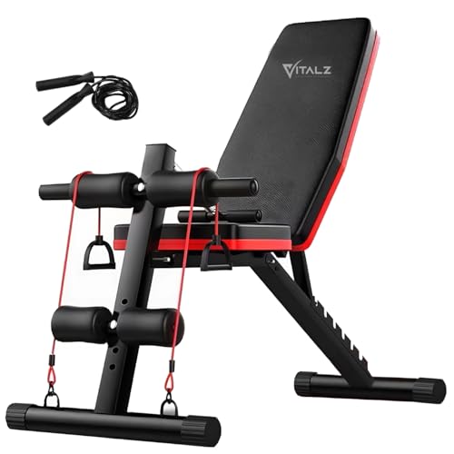 Aparatos De Gimnasio, Sports VITALZ Banco de Pesas Plegable y Multifuncional - Resistente hasta 300kg - Banco de Gimnasio Plegable y Ajustable - Incluye cuerda para saltar de regalo