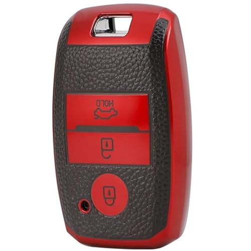 Image of JVCV Premium Soft TPU Leather Pattern Key Cover Compatible with Kia Seltos Sonet Carens 3 Button Push Start Car Key (Red Black)