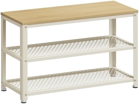 VASAGLE Shoe Bench, Shoe Rack with 2 Shelves, Shoe Organiser, 30 x 73 x 45 cm, Entryway Living Room Hallway, Steel Structure, Industrial Style, Oak Beige and Classic White LBS073W09