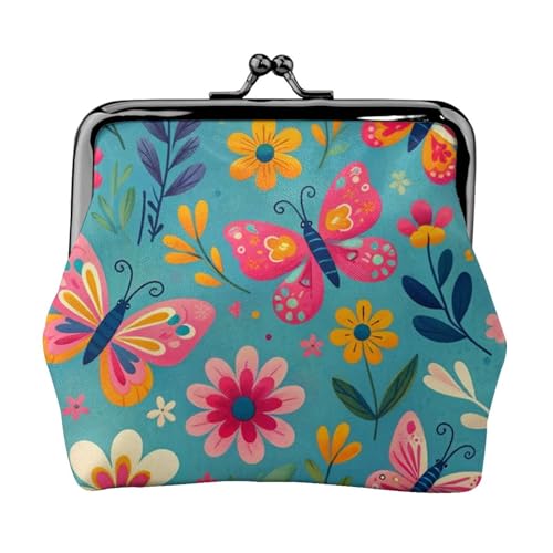 Pu Leather Buckle Coin Purse Colorful-Butterflies-Flowers Girls Kiss-Lock Change Purse Wallets