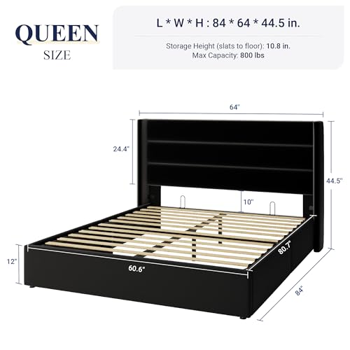 Allewie Queen Size Velvet Lift Up Storage Bed, Modern Wingback Headboard, Hydraulic Support, No Box Spring Needed, Black
