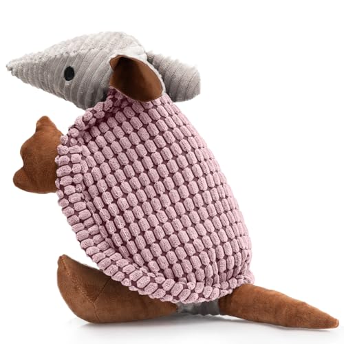 Image of Hollypet Plush Dog Squeaky Toy Stuffed Armadillo Animal Pet Puppy Chew Toys with Clean Teeth for Small Medium Large All Breed Sizes Dogs, Pink, 14 in