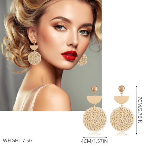 4 Pairs Rattan Earrings for Lightweight Geometric Personalized Earrings Handmade Straw Wicker Braided Teardrop Hoop Dangle Earrings for Women2