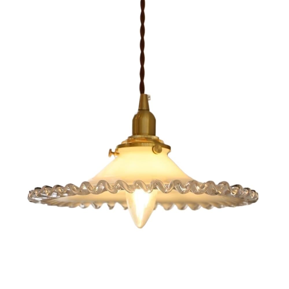 NHPJFDC French Retro Glass Pendant Light Ruffled Shade Brushed Brass Hanging Lamp for Kitchen Island Bedside Table 9.8-Inch Dining Room E26 Socket 59.1" Adjustable Cord