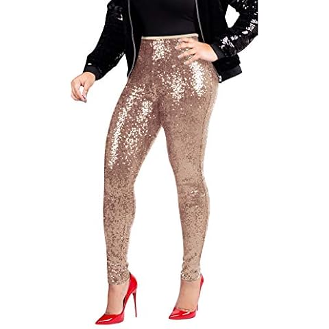 Olinase Sequin Pencil Pants Women's High Waist Elasticated Glitter Trousers for Hip Pop Club (Apricot, US 8-10) Cover