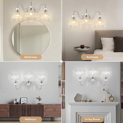 Image of Brushed Chrome Bathroom Vanity Light, 3-Light Chrome Finish Wall Sconce with Hanging Crystal Accents and Flower-Shaped Clear Glass Shades, Modern Wall Mount Vanity Light Over Mirror for Bathroom
