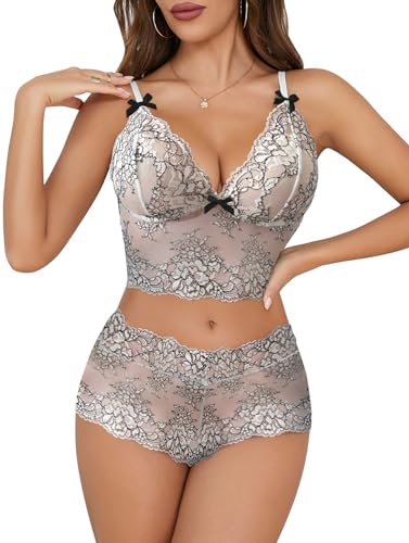Image of Lilosy Sexy Lingerie for Women Lace Pajamas Set Cami Bra and Panty High Waist Sheer Sleepwear 2 Piece 2XS-6XL