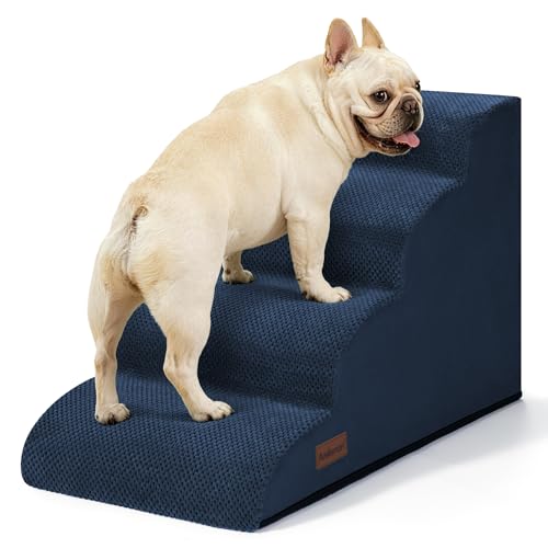 Image of Aodisman Dog Steps for Bed or Couch,4 Step Pet Stairs for Small Dogs & Cat | Curved dog ramp help small dogs, senior cats and puppies get on and off couches and beds, non-slip bottom, 17.4 inch H,Blue