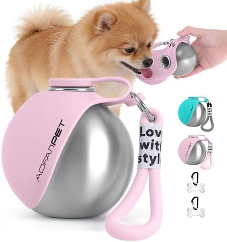 AOFANPET Portable Dog Water Bottle 10oz Stainless Steel Travel Dog Water Dispenser with Bowl No-Spill Puppy Water Bottle for Walking Hiking Small Dog Water Bottle, Includes Waste Bag Holder
