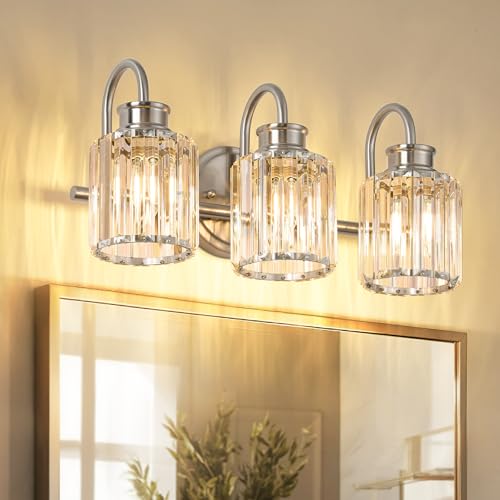 Image of Brushed Nickel Bathroom Light Fixtures with K9 Crystal Lampshade Bathroom Lighting Over Mirror Vanity Lights for Living Room,Bedroom,Restroom,Hallway 3 Lights
