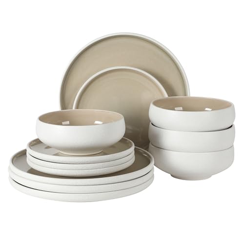 Image of Gibson Elite Pacifco Beach Plates and Bowls Sets, 12-Piece Stoneware Dinnerware Sets, Reactive Glaze Dish Set - Taupe