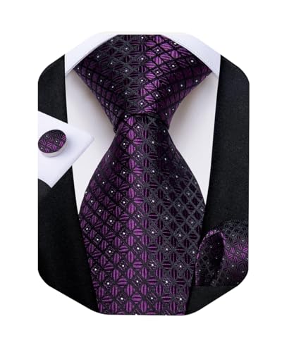 Image of DiBanGu Striped Tie Set for Men Silk Woven Plaid Necktie and Pocket Square Cufflinks Business Wedding