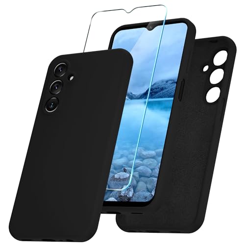 YENAPOON for Samsung Galaxy A15 5G Case, Silicone Phone Case with 1 Screen Protector, Soft Anti-Scratch Microfiber Lining, Full Body Shockproof Slim Cover, Black