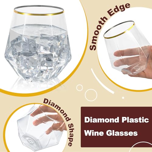 Image of Goodluck 40PCS 12oz Diamond Stemless Plastic Wine Whiskey Glasses,Gold Rim | Disposable Cocktail Glasses, Suitable for Weddings, Birthday Parties, Family Gatherings, Bars, etc