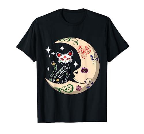 Souls Day Los Muertos Day Of Dead Sugar Cat Moon Floral T-Shirt