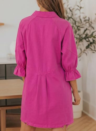 Image of Sidefeel Womens Smocked 3 4 Sleeve Button Down Denim Jeans Dresses