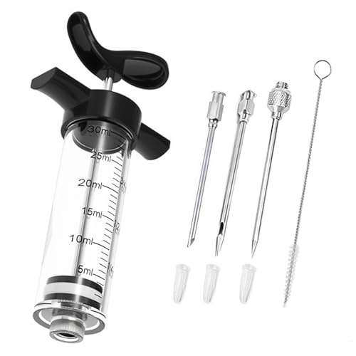SYFUNLV Bratenspritze Edelstahl,Fleischinjektor,16×7cm Fleisch-Injektor,mit 3 Edelstahl-Fleischnadeln,30ml Marinadenspritze,Marinadenspritze aus Kunststoff mit Fleischnadel zum Anschrauben (Schwarz)