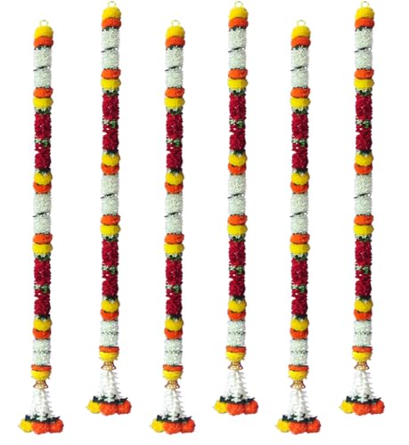 Image of Artificial White Gajra Jasmine & Colourful Flower Strings for Wedding Decorations, Event Decor Perfect for Diwali, Ganpati & Pooja /Temple /Mandir Decoration, 5ft (6, Pink-Marigold - 5ft)