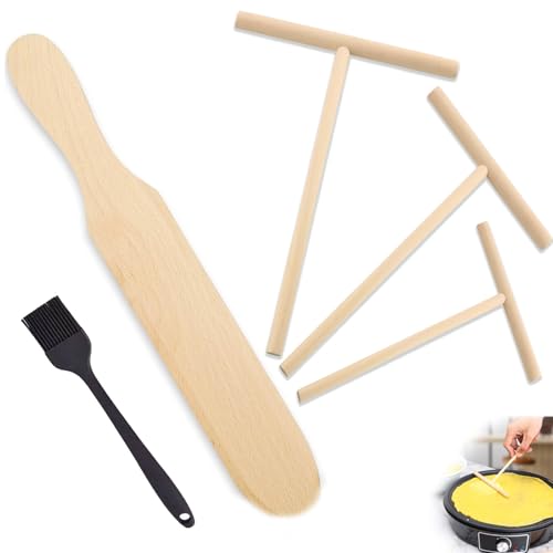 MOAZIFI 5er Crepes Teigverteiler Set aus Buchenholz - 3 T-Teigverteiler (9/12/18 cm), Flacher Crepes Wender, mit Silicone Brush, Perfekt für Crêpes und Pfannkuchen, Praktische Größen für jeden