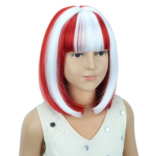 Image of PATTNIUM White and Red Bob Wig for Kids Girls Short Straight Wig with Bangs Cosplay Party Synthetic Rose Net Daily Wear Wig