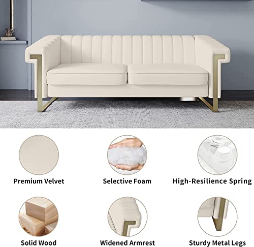 Mgh Modern Velvet Sofa,Channel Tufted Velvet Sofa Couch With Stainless Steel Base And Comfortable Cushion,83.86“ Lx 30.71“ Wx 30.51“ H (Beige) #TOP4