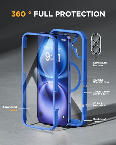 Image of Miracase Magnetic for iPhone 16 Plus Case Full-Body Phone with Built-in Glass Screen Protector, [Compatible with MagSafe] Military Drop Proof 16 Plus Cover Bumper 6.7 inch, Blue