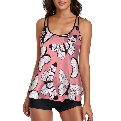 Maillot de bain tankini papillons roses avec short de garçon pour femme
