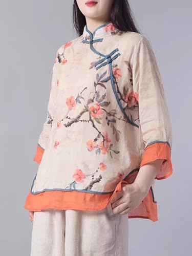 PRINCESS BRIDE Overseas Chinese Linen Hanfu Summer Loose 3/4 Sleeves Shirt Slanted Collar Button-Down Printed Top for Women4