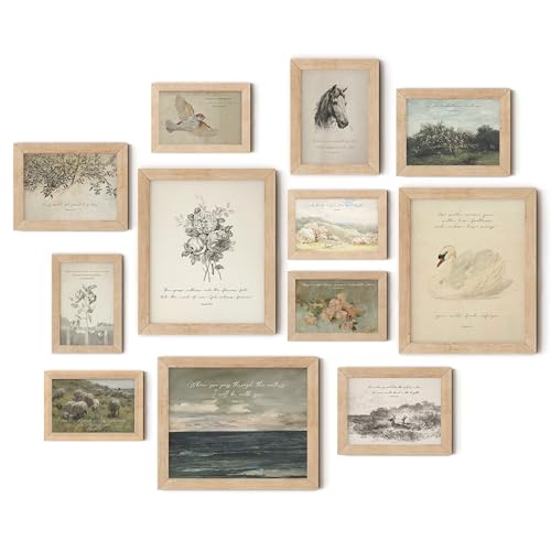 TwoDays Christian Wall Art, Vintage Bible Verses Gallery Artwork for Home, Scripture Room Decor, Psalm Religious Poster. (Multi Sizes, 8" X 10" Largest, Set of 12, Wooden Framed)