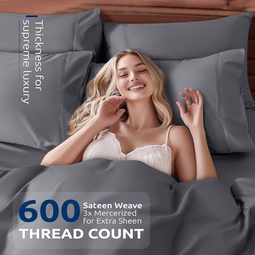 Shilucheng 100% Cotton California King Size Duvet Covers - 600 Thread Count, Luxury Sateen Weave Egyptian Cotton Comforter Cover with Zipper Closure,Hotel Bedding Duvet Covers 3 Piece (Dark Grey)