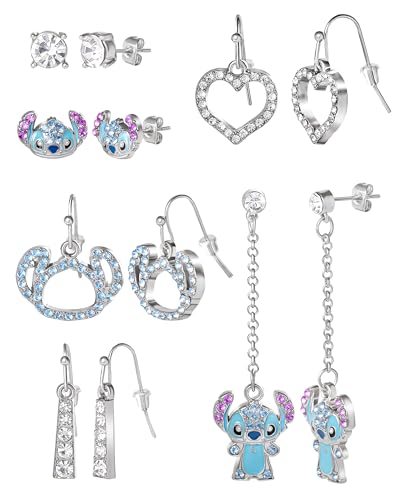 SALLY ROSE Stitch Earrings Fashion Set of 6 Pairs Official License Multicolored Crystal Studs and Drop Earrings Disney Gifts