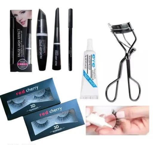 Eyelashes pack of 2 + Maskara + Eyeliner + Eyebrow Pencil + Eyelash Glue And Curler