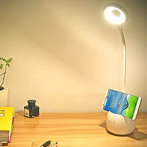 Image of IDOLESHOP Desk Lamp for Study with 3 Shades Touch Control Light and Mobile Holder Design with Night Light Table Lamp (5 in One Round, White, Pack of 1)