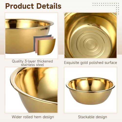 16 Pcs Gold Mixing Bowls Set, 12.5 in Stainless Steel Nesting Bowls with Measuring Cups and Spoons, Kitchen Gadgets Includes Spatula, Dough Cutter, Oil Brush, Whisk, Elegant Kitchen Accessories