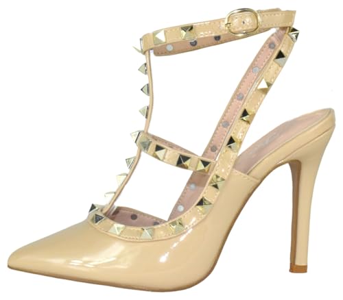 Forever Shoes Women Stiletto High Heels Pointy Toe Studded Pumps Ankle Strap Two Tone Biege Gold Accent STUDS-033