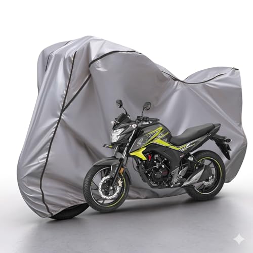 Image of Waterproof Bike Body Cover Compatible with Honda Unicorn Dustproof Scratchproof - Motorcycle Cover for Two Wheeler, Outdoor Full Cover with UV, Duty, Rain Protection (Silver & Black)
