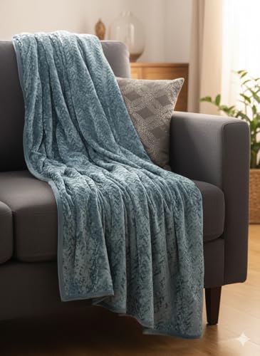 Image of Florida Solid Embossed Flannel Blanket, 320 GSM Ultra-Soft All-Season AC Blanket (Double, Blue)