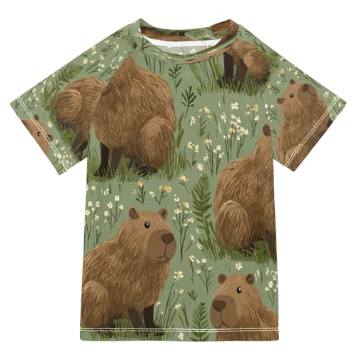 Boys Short Sleeve T-Shirts Capybara Green Floral Rashguard Kids Swim Shirts Sun UPF 50+
