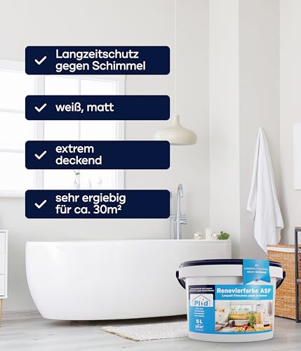 plid® Anti Schimmelfarbe Innen Weiß für alle Wände [DAUERHAFTER SCHUTZ] – Antischimmelfarbe für feuchte Räume, Bad & Küche – Effektiver Schutz gegen Schimmel – Made in Germany 5l - 4