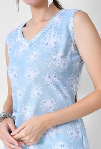 Image of LIBOZA Cotton Kurta Sets for Woman, Straight Sleeveless Kurti Set for Women, Festive Kurtis Pant Suit Kurtas Office Wear Trendy Stylish Designer