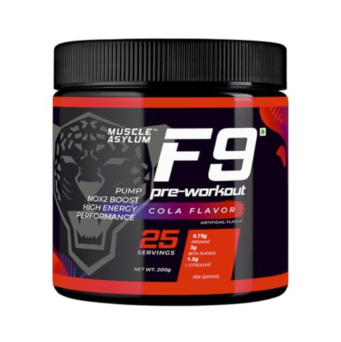 Image of Muscle Asylum F9 Series Pre-Workout Powder l 200g, 25 Servings l Cola l With Genuine Lab Reports l Boosts Energy & Endurance | Improves Focus | Revs Up Recovery | 1.5g Bcaa | 750mg Alanine | with 300mg Caffeine Per serve
