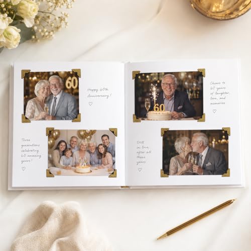 Image of Calculs 60th Birthday or Anniversary Guest Book, Gold Photo Album | 8.5-inch square hardcover keepsake book, 32 blank sheets for messages and instant photos, pen included